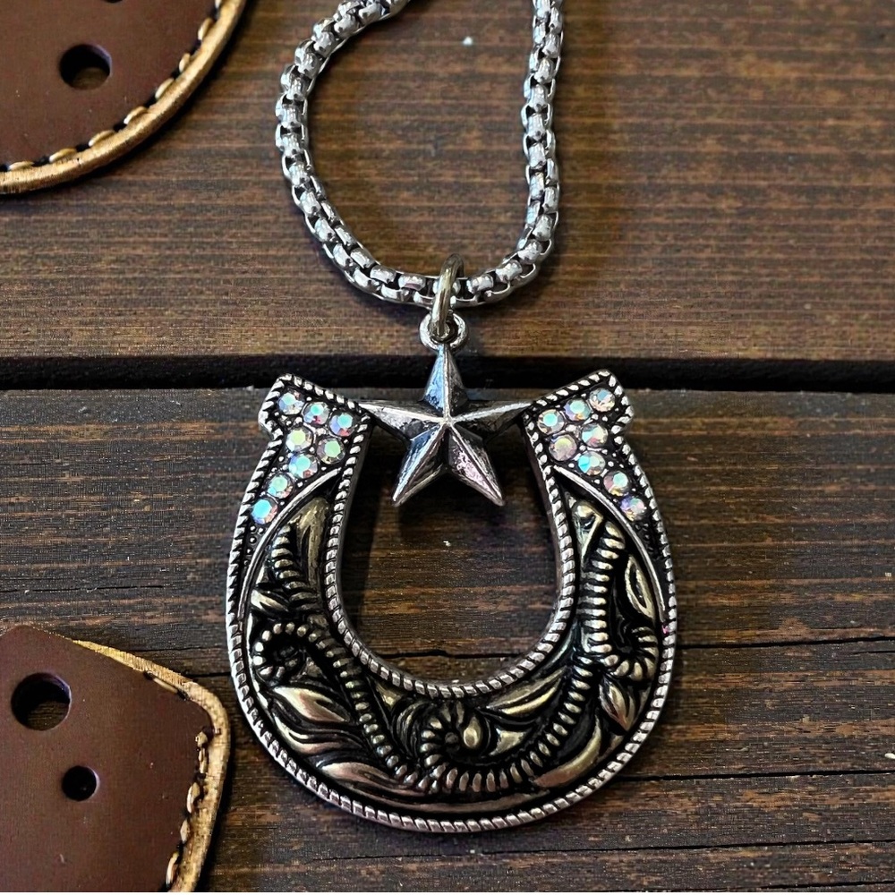 Silver and Gold Toned Horseshoe Necklace with Star Accent on a 24” chain - Picture 12 of 17